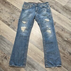 Rock Revival Troy Boot 31 Stylish Distressed Blue Jeans